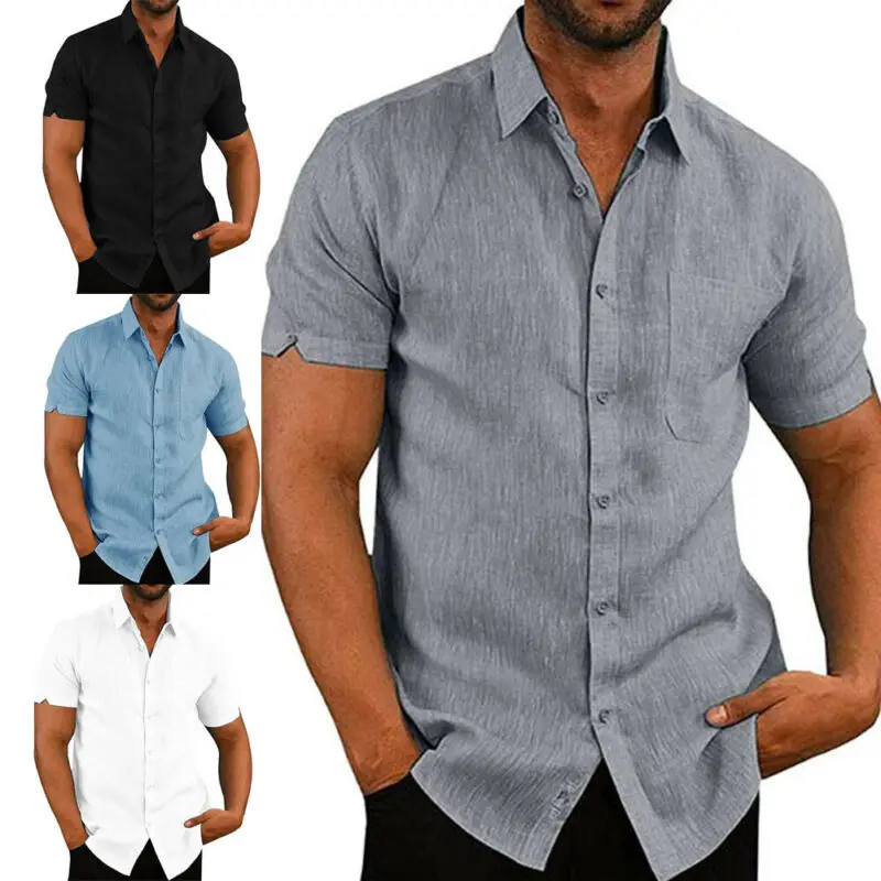

Рубашка Мужская льняная с коротким рукавом, свободная Повседневная блуза из чистого хлопка и льна, на пуговицах, однотонная Удобная футболк...