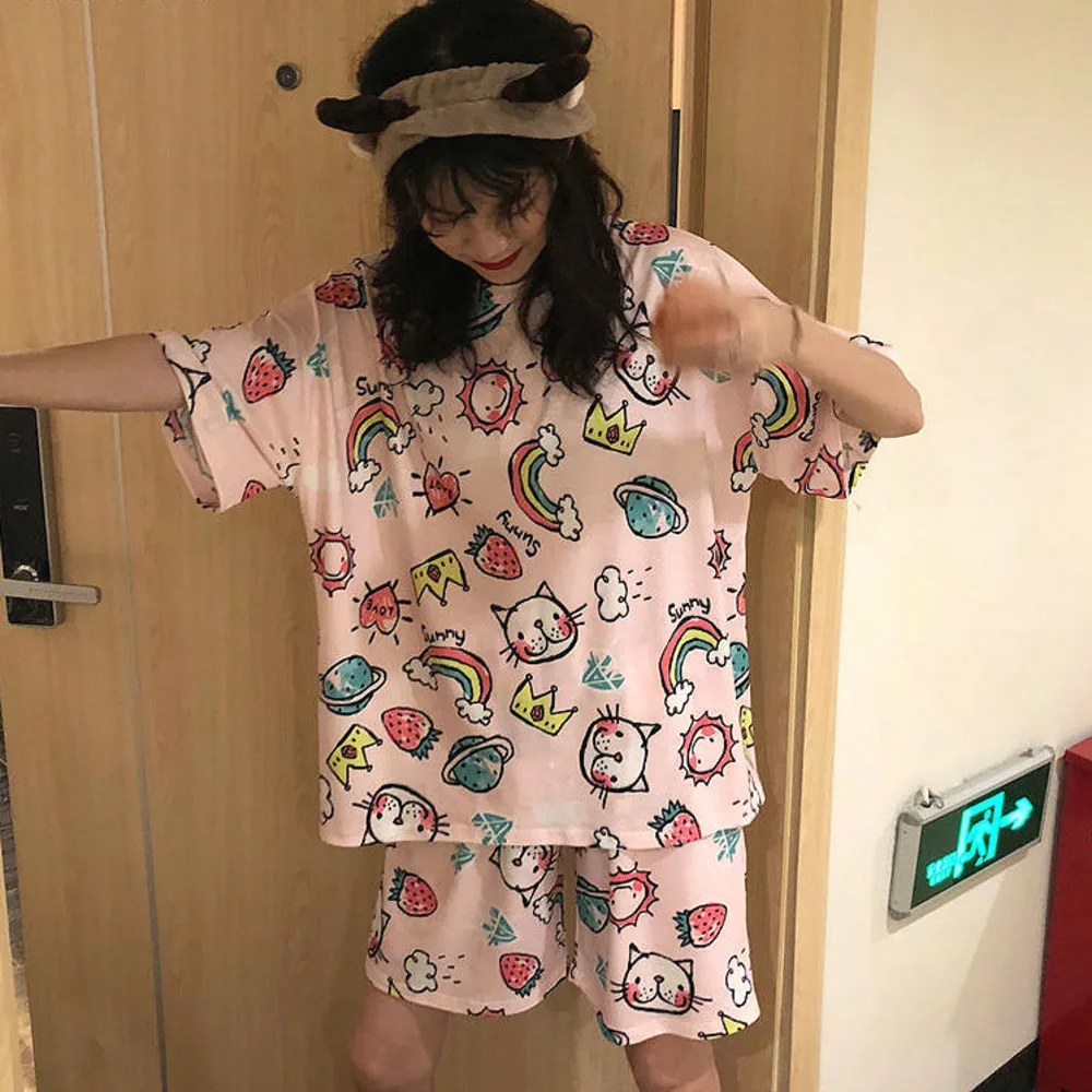 Pajama Sets Women Summer Fresh Kawaii Rainbow Printed Ins Breathable Femme Nightwear Trendy Comfortable Loose Girls Sleepwear
Pajama Sets Women Summer Fresh Kawaii Rainbow Printed Ins Breathable Femme Nightwear Trendy Comfortable Loose Girls Sleepwear