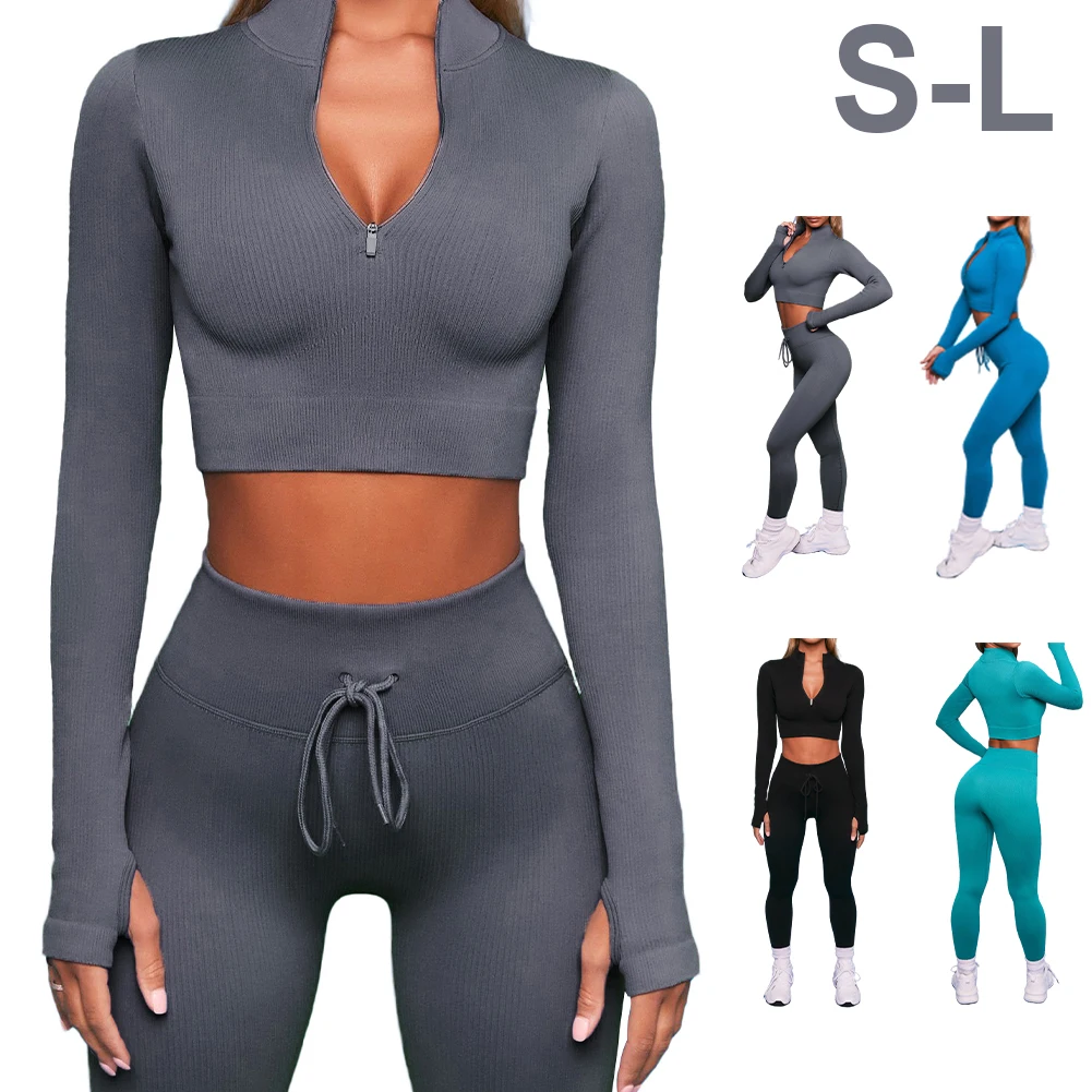 Women Seamless Yoga Workout Set 2-Piece Ribbed Zipper Long Sleeve Crop Top Drawstring High Waist Leggings Yoga Outfits Sportwear
Women Seamless Yoga Workout Set 2-Piece Ribbed Zipper Long Sleeve Crop Top Drawstring High Waist Leggings Yoga Outfits Sportwear