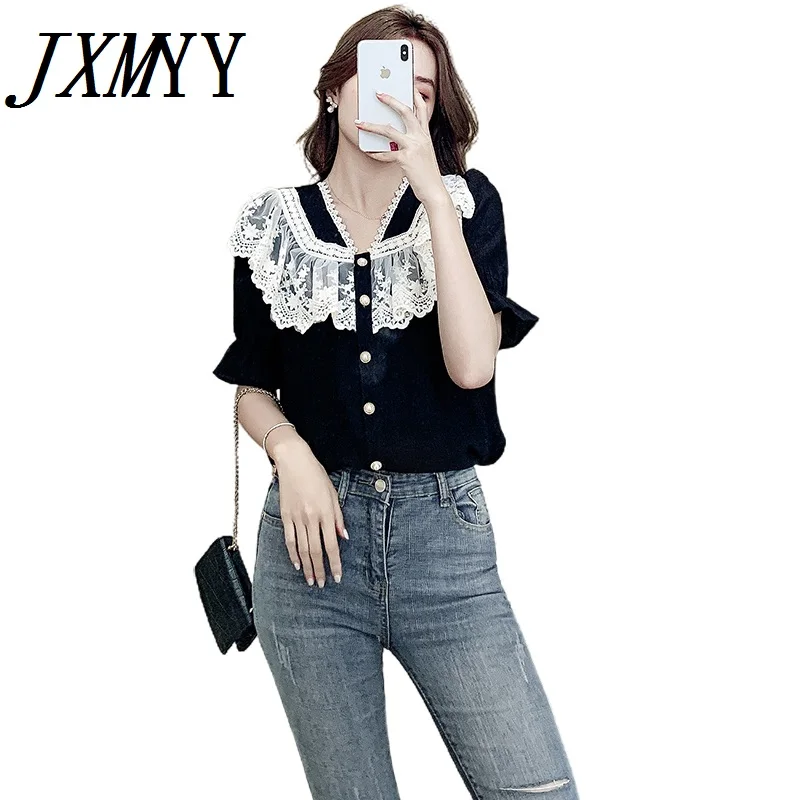 JXMYY 2021 Summer New Fashion Large Size Women's Lace Ruffled Thin And Elegant Short-Sleeved Shirt Female Chiffon Shirt
JXMYY 2021 Summer New Fashion Large Size Women's Lace Ruffled Thin And Elegant Short-Sleeved Shirt Female Chiffon Shirt