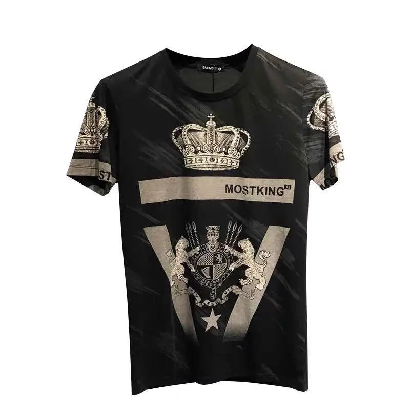 Men's summer personality trend self-cultivation European and American fashion brand crown totem print round neck short sleeve
Men's summer personality trend self-cultivation European and American fashion brand crown totem print round neck short sleeve