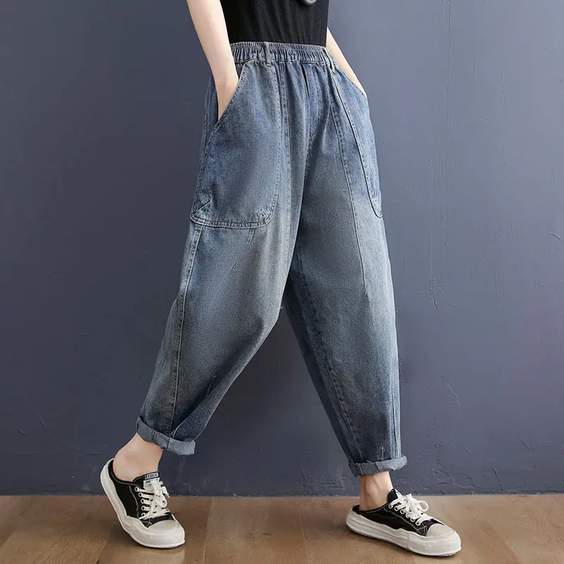 2021 Spring Summer New Arts Style Women Elastic Waist Cotton Denim Harem Pants Vintage Blue Loose Casual Jeans V404
2021 Spring Summer New Arts Style Women Elastic Waist Cotton Denim Harem Pants Vintage Blue Loose Casual Jeans V404