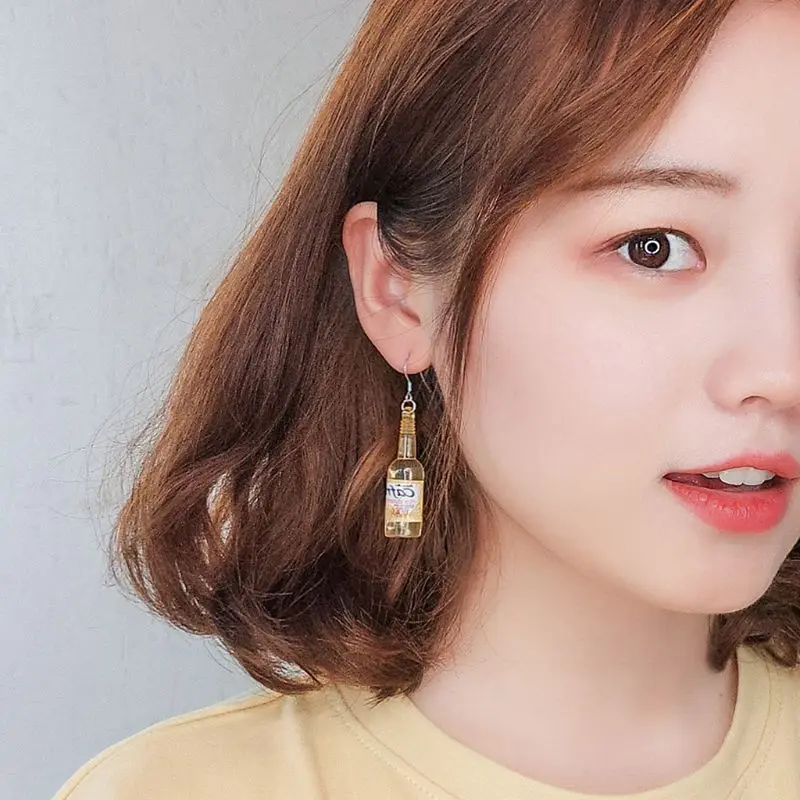Mini Cute Beer Bottle Wine Glass Asymmetric Resin Drop Earrings Fashion Jewelry