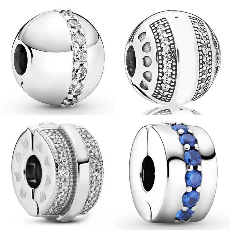 

Sparkling Pave Lines & logo Blue Shining Path Clip Stopper Beads 925 Sterling Silver Charm Fit Fashion Bracelet Diy Jewelry