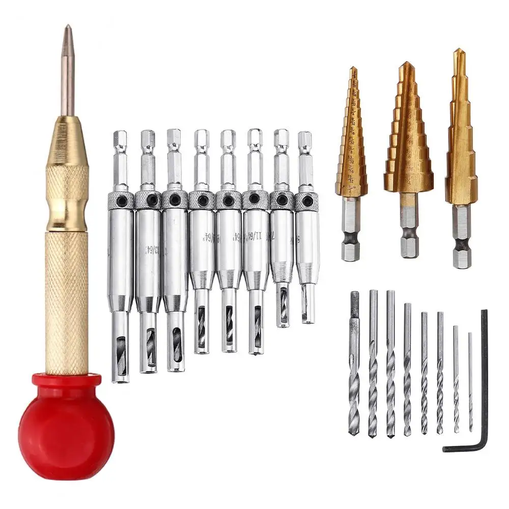 21Pcs Self-Centering Hinge Tapper Core Drill Bit Step Drill Set with Automatic Center Punch for Woodworking Metal Drill Bits
21Pcs Self-Centering Hinge Tapper Core Drill Bit Step Drill Set with Automatic Center Punch for Woodworking Metal Drill Bits