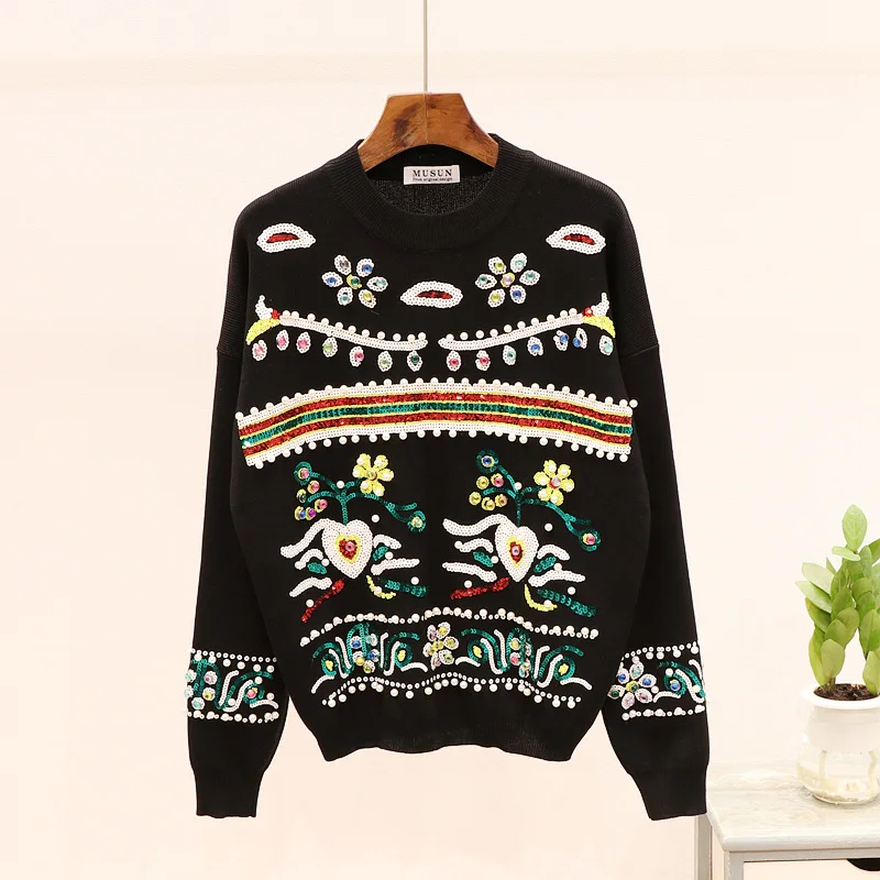 2020 Autumn Womens Winter Tops Fashion Beading Sequins Long Sleeve Knitted Sweater + Casual Pants Women Two Piece Outfits | Женская