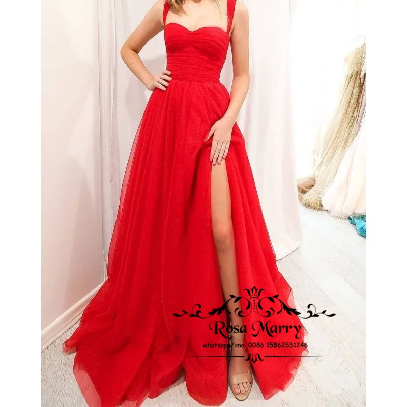 Red Long Prom Dresses for Women 2021 A Line High Split Cheap Tulle Skirt Vestido De Fiesta De Boda Formal Evening Party Gowns 
Red Long Prom Dresses for Women 2021 A Line High Split Cheap Tulle Skirt Vestido De Fiesta De Boda Formal Evening Party Gowns