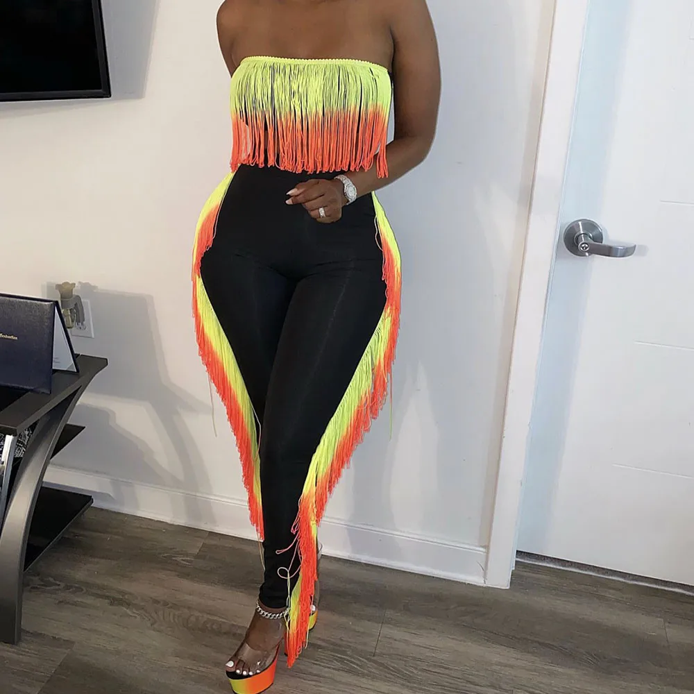 Sexy Colorful Tassel Two Piece Set Women Clothing Sets Off Shoulder Strapless Crop Top and Pants Leggings Birthday Club Outfits
Sexy Colorful Tassel Two Piece Set Women Clothing Sets Off Shoulder Strapless Crop Top and Pants Leggings Birthday Club Outfits