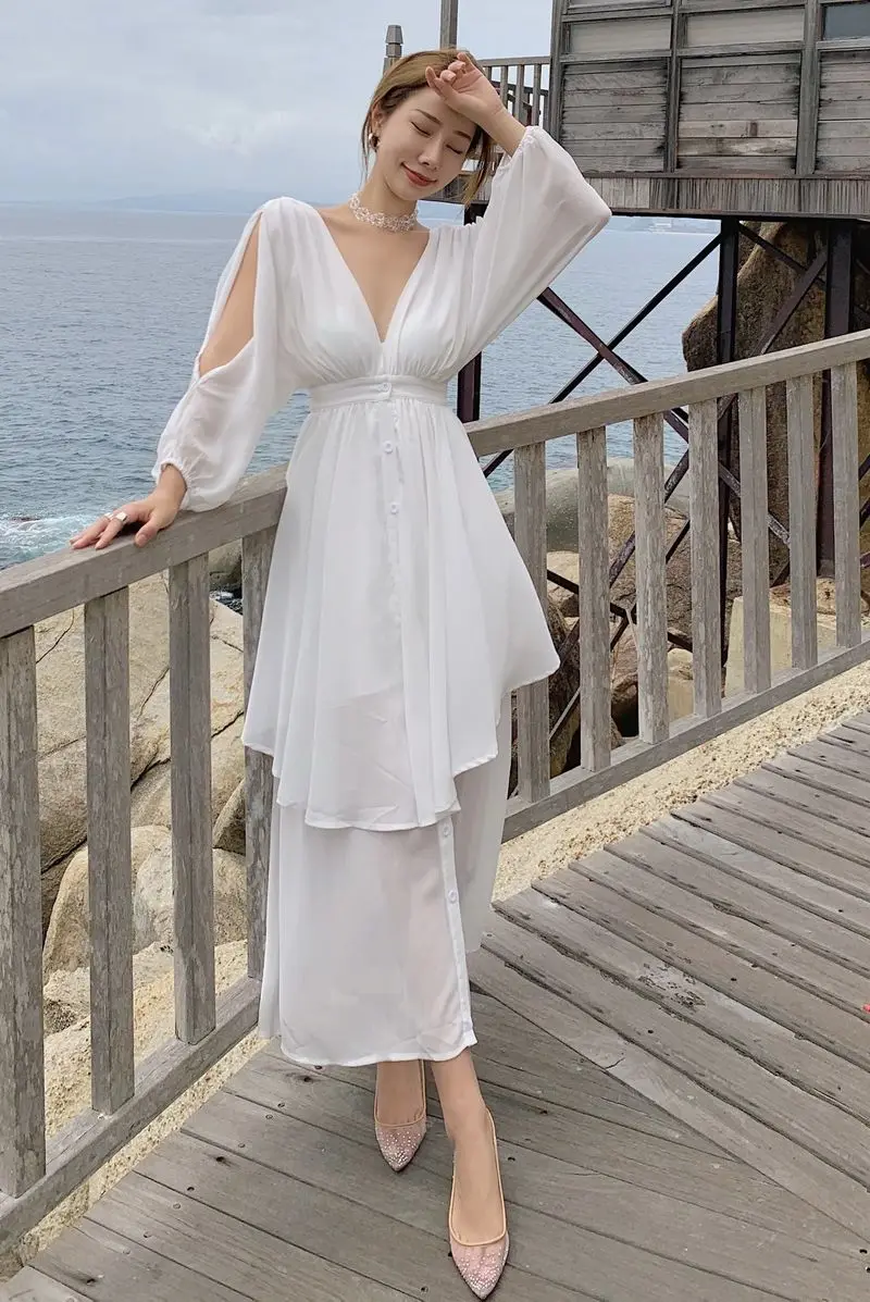COIGARSAM Women Dress Summer 2021 Beach Style Full Sleeve Solid Chiffon Backless High Waist V-Neck White Dresses Traf Robe
COIGARSAM Women Dress Summer 2021 Beach Style Full Sleeve Solid Chiffon Backless High Waist V-Neck White Dresses Traf Robe