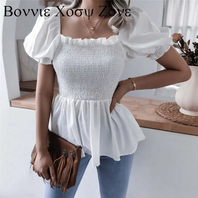 

Square Neck Short Sleeve Puff Sleeve Shirred Ruffles Ruched Top Sweet Shirt Blouse Summer Top For Women 2021