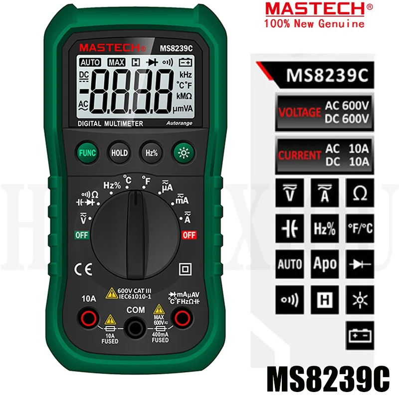 Цифровой Мультиметр MASTECH MS8239C, вольтметр, измеритель переменного/постоянного тока, емкости, частоты, температуры
Цифровой Мультиметр MASTECH MS8239C, вольтметр, измеритель переменного/постоянного тока, емкости, частоты, температуры