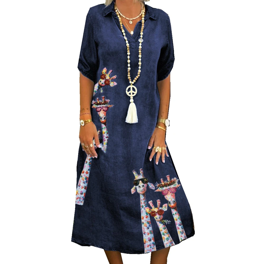 Women Dress Deer Printed Turn-down Collar Half Sleeve Dress Women Clothing A-line Casual Loose Denim Dress Female
Women Dress Deer Printed Turn-down Collar Half Sleeve Dress Women Clothing A-line Casual Loose Denim Dress Female