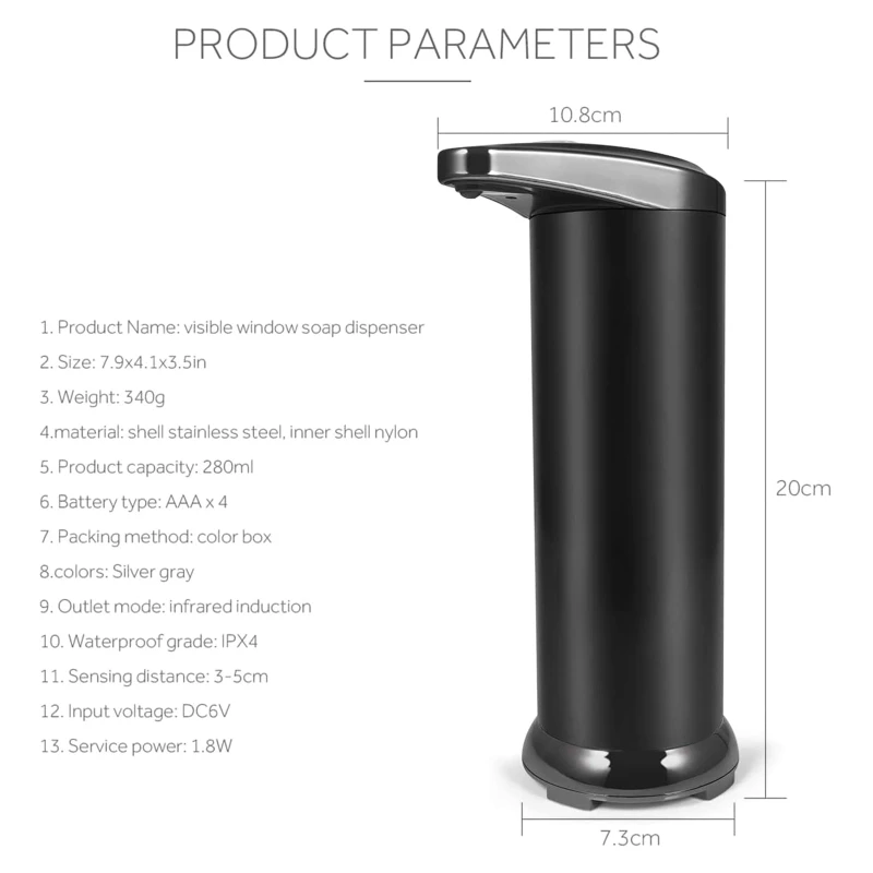 Stainless Steel Intelligent Induction Infrared Sensor Touchless Soap Dispenser
Stainless Steel Intelligent Induction Infrared Sensor Touchless Soap Dispenser