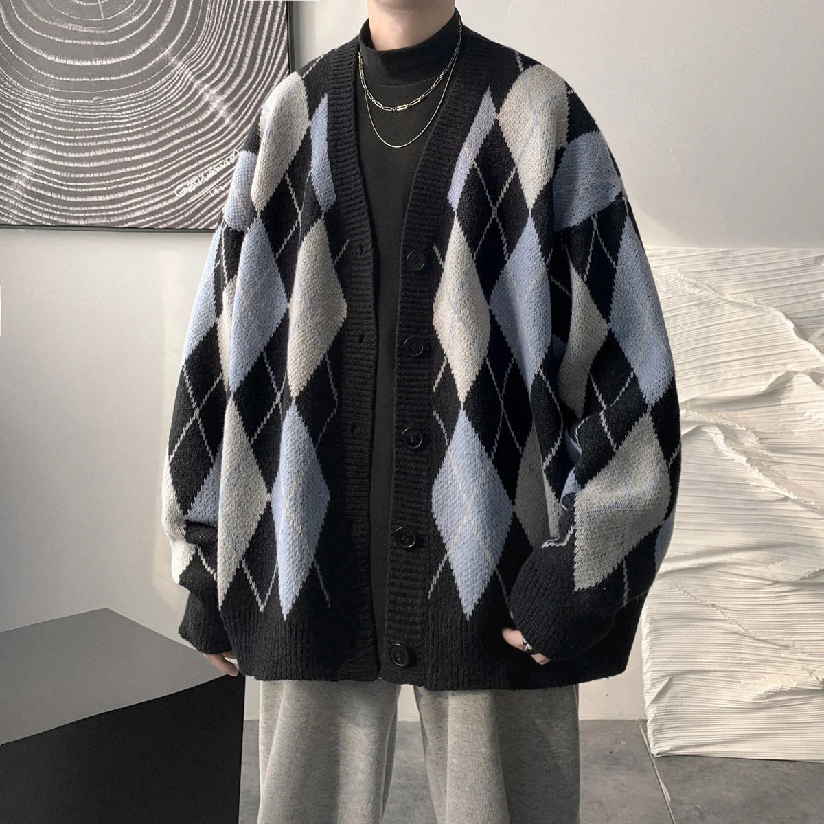 Retro Sweaters Coat Cardigan Printed Diamond Lattice Long-sleeved Knitted Autumn Winter Men's Clothes Loose Casual V-neck Tops
Retro Sweaters Coat Cardigan Printed Diamond Lattice Long-sleeved Knitted Autumn Winter Men's Clothes Loose Casual V-neck Tops