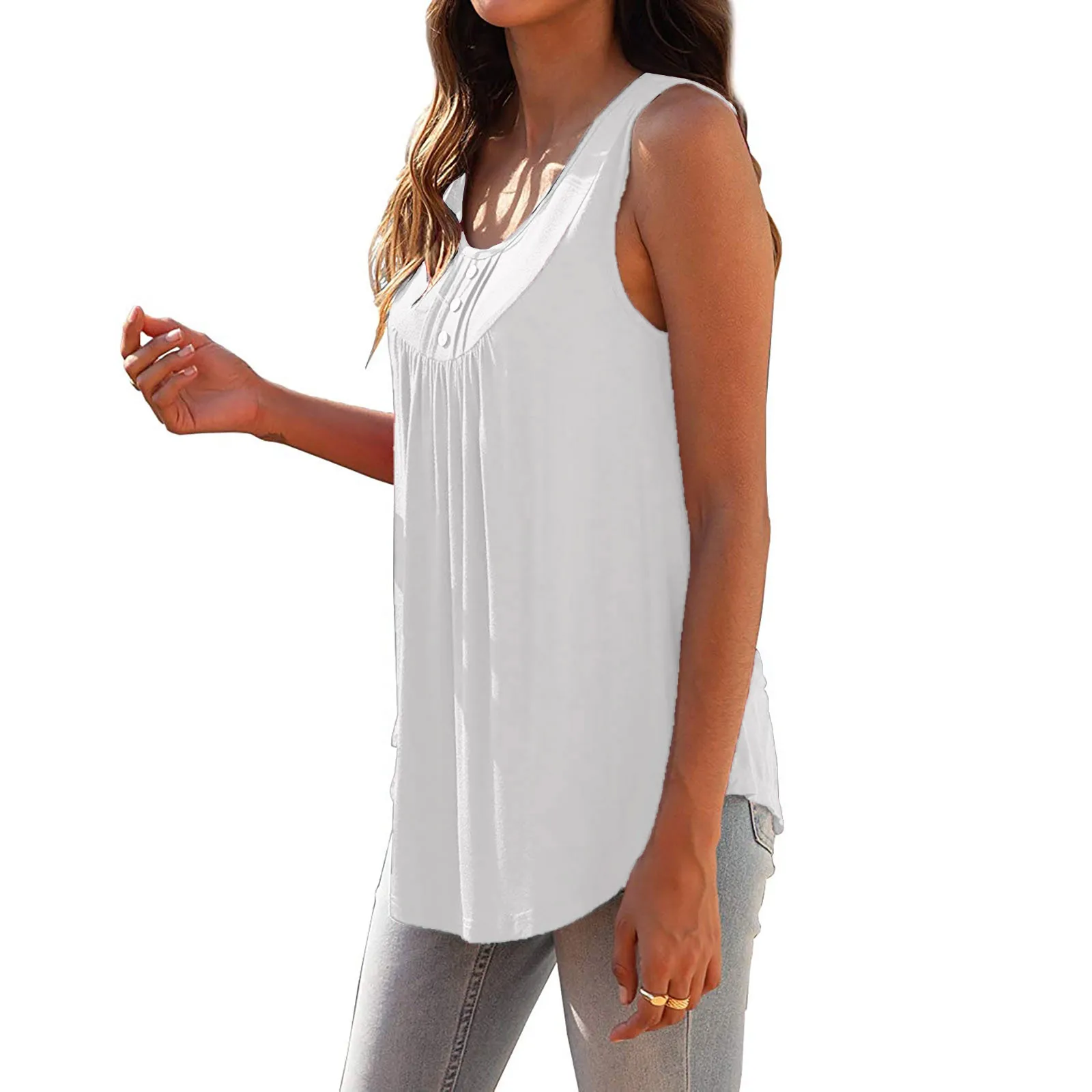 Women Pleated Shirts Sleeveless Fashion Round Neck Pullover Blouses Blusas Solid Color Casual Button Women's Shirt Clothing 2021
Women Pleated Shirts Sleeveless Fashion Round Neck Pullover Blouses Blusas Solid Color Casual Button Women's Shirt Clothing 2021
