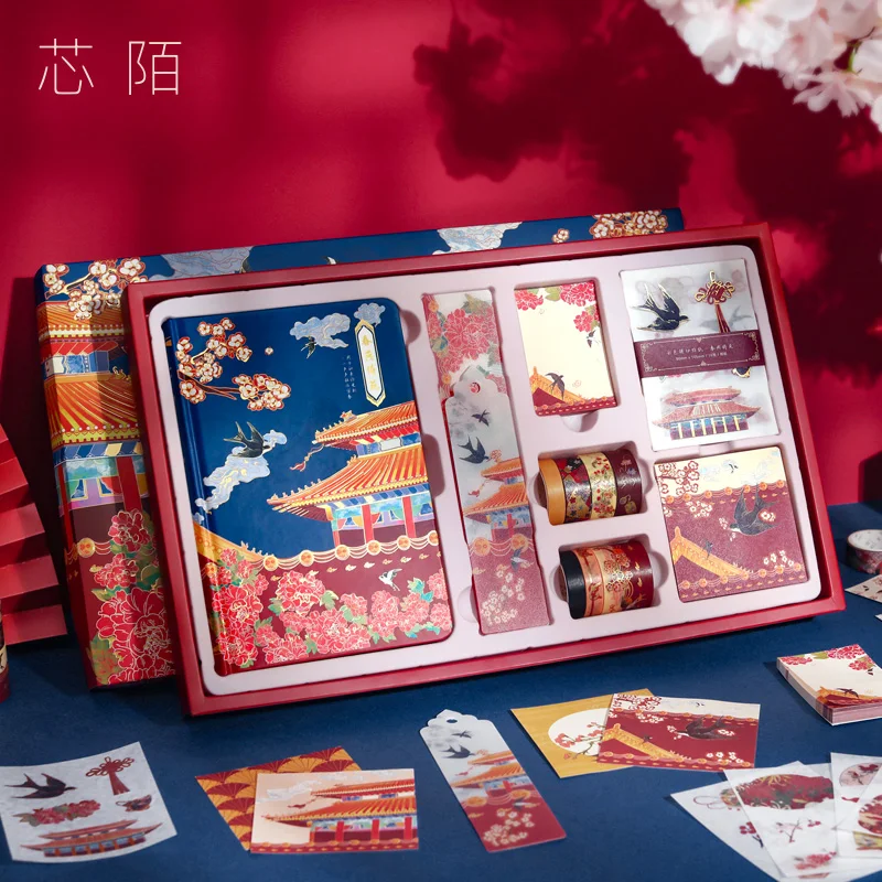 

Набор подарочных коробок в китайском стиле, канцелярские принадлежности, дневник, классический креативный блокнот и бумажная лента, Изыска...