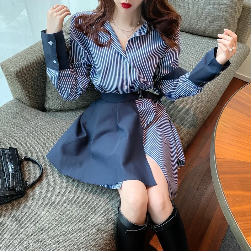 2023 Cuff Stitching Striped Shirt Dress + Lace Up Skirt Set Net Red Two Piece Women's Dress Set Creative Shirt
2023 Cuff Stitching Striped Shirt Dress + Lace Up Skirt Set Net Red Two Piece Women's Dress Set Creative Shirt
