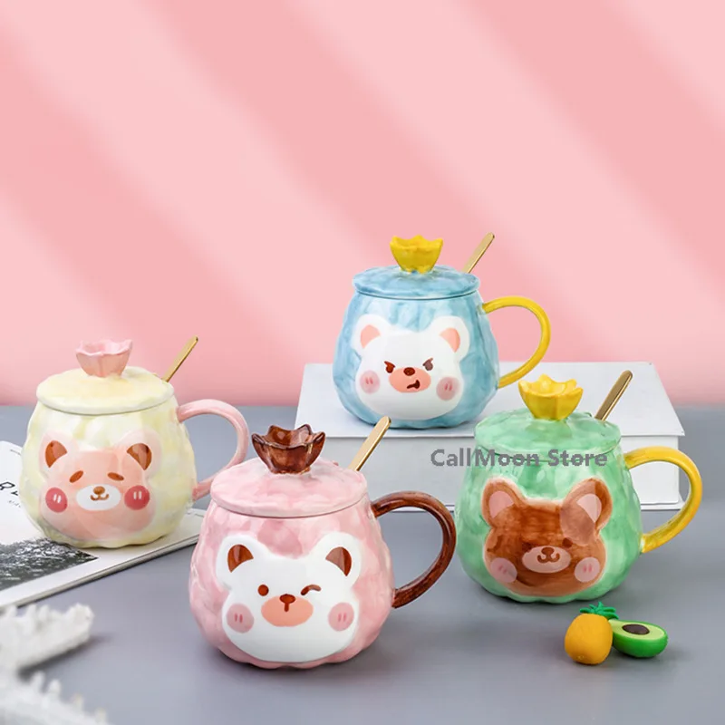 

Кофейная чашка с крышкой и ложкой, ручная роспись, керамическая кружка с милым медведем, чайная чашка, Мультяшные кофейные кружки, чашки для ...