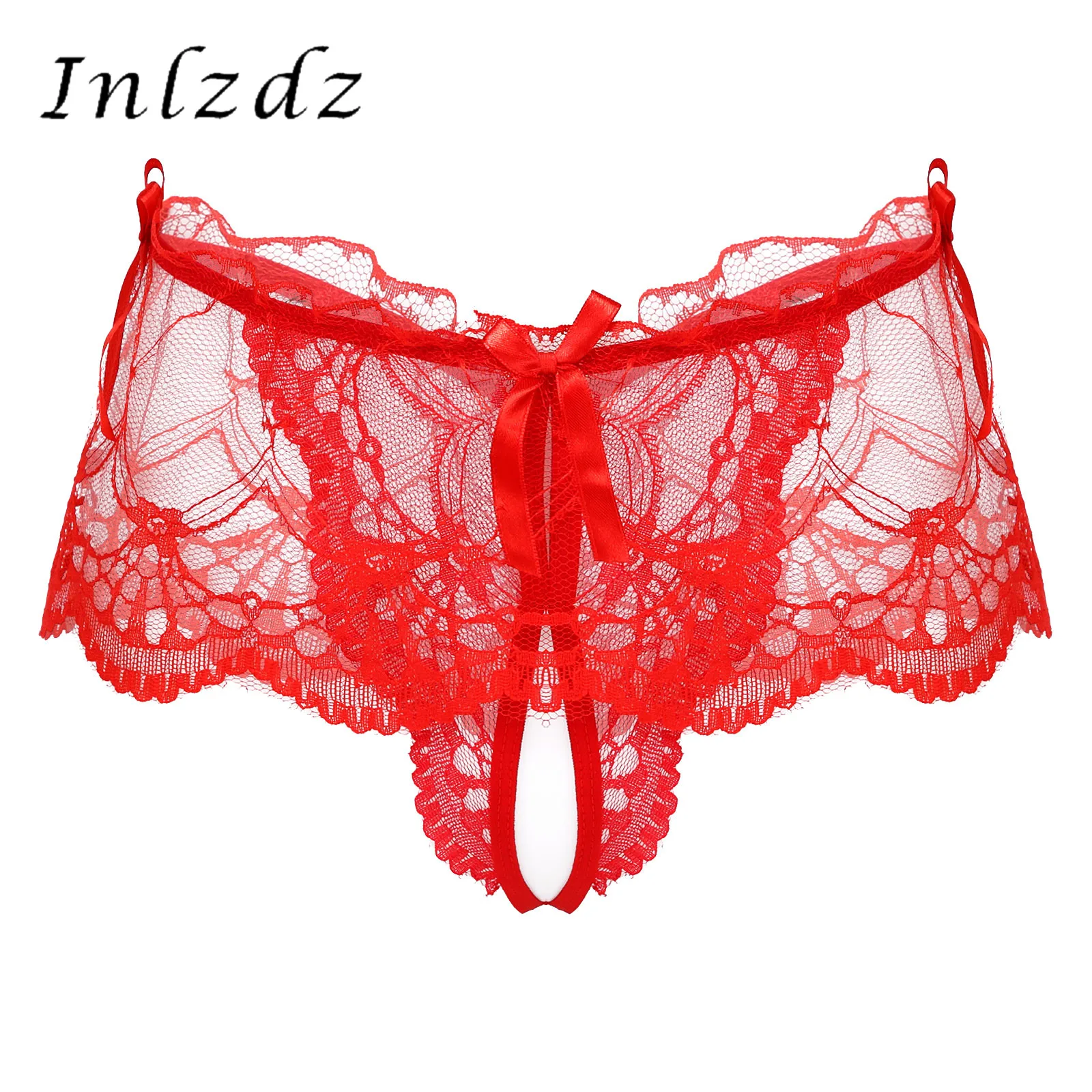 

Mens Erotic Lingerie Sissy Lace Underwear See-through Crotchless Skirted Thong T-back Panties Bowknot G-string Briefs Underpants