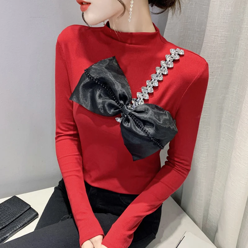 Women T-Shirt New 2021 Autumn Long SLeeve Turtleneck Cotton Tops Shirt Elegant Slim Bow Beading Blusas
Women T-Shirt New 2021 Autumn Long SLeeve Turtleneck Cotton Tops Shirt Elegant Slim Bow Beading Blusas