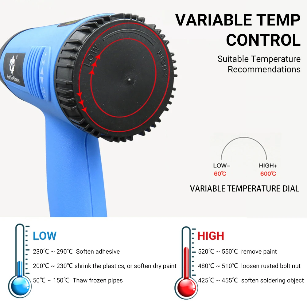 2000W Heat Gun Professional Electric Hot Air Gun Fast Heating Variable Temperatures with 2-Temp Settings Cone Nozzle
2000W Heat Gun Professional Electric Hot Air Gun Fast Heating Variable Temperatures with 2-Temp Settings Cone Nozzle