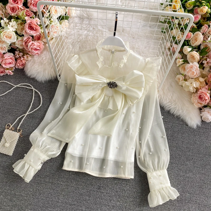 Spring Patchwork Beaded Sheer Mesh Blouse Sexy O Neck Hollow Out Women Shirt Blusa Elegant Ruffle Puff Long Sleeve Tops Pullover
Spring Patchwork Beaded Sheer Mesh Blouse Sexy O Neck Hollow Out Women Shirt Blusa Elegant Ruffle Puff Long Sleeve Tops Pullover