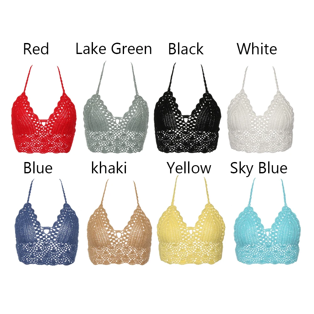 

New Sexy Bikini Crop Top Women Crochet Boho Beach Camisoles Bikini Bralette Halter Cami Knitted Bra Backless Beachwear Tank Top