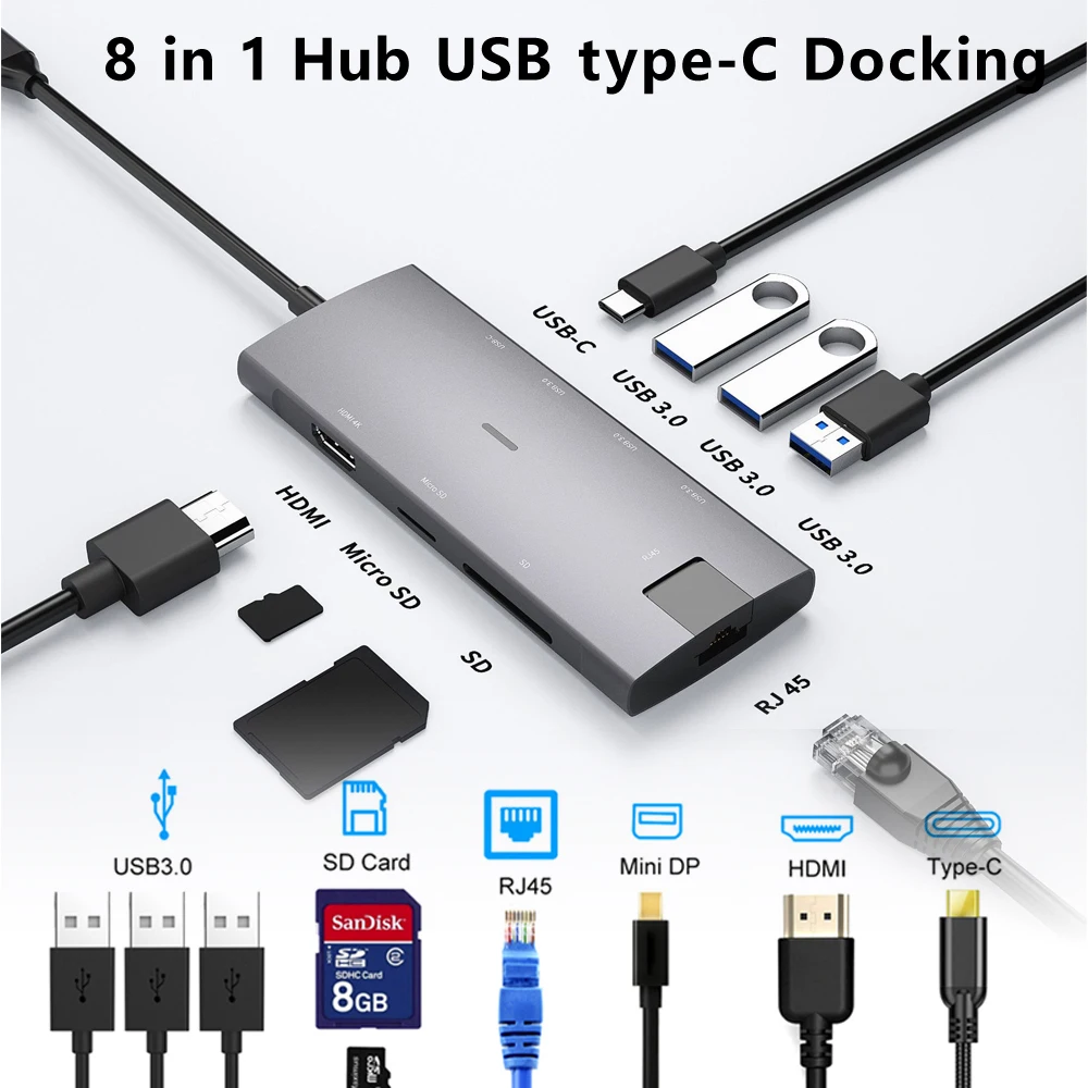 Док-станция 8 в 1, USB c, HDMI, RJ45, PD, зарядка аудио, MacBook, Samsung Galaxy
Док-станция 8 в 1, USB c, HDMI, RJ45, PD, зарядка аудио, MacBook, Samsung Galaxy