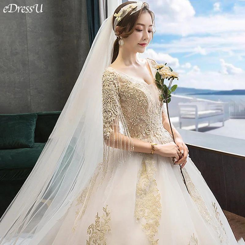 

Luxury Beading Flower Wedding Dress Elegant Corset Bridal Dress Gorgeous Tassels Sleeves Wedding Gown Robe de Mairee OY-D910