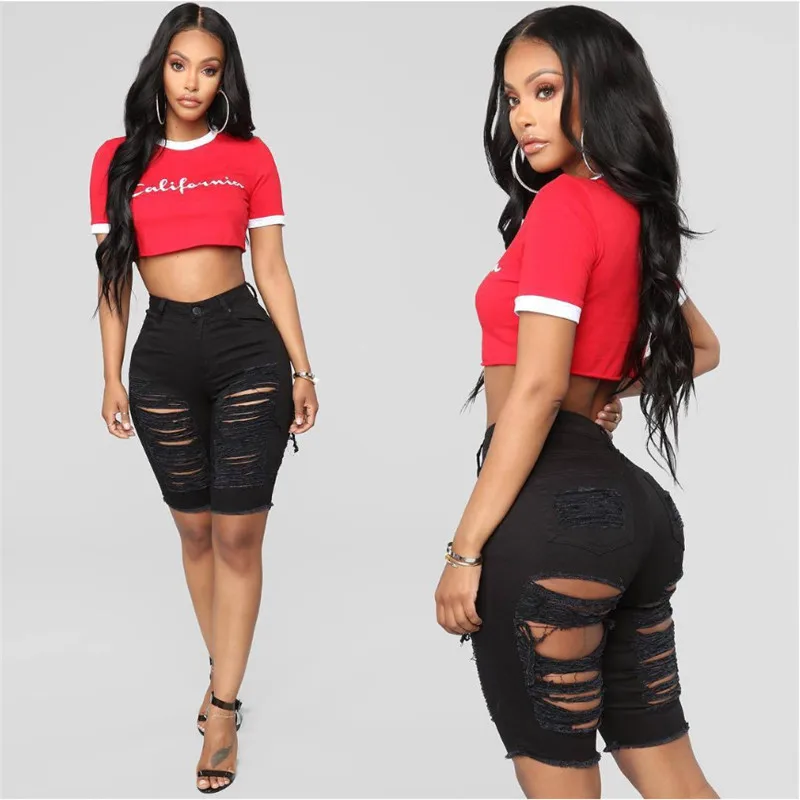 

Women's High Waist Ripped Biker Shorts, Destroyed Mid Rise Stretchy Bermuda Short Jeans Pants