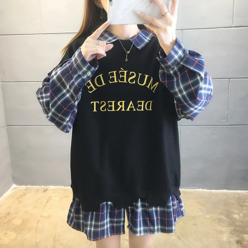women's winter clothes new long-sleeved loose lazy 2020 stitching fake two pieces clothes plus velvet thick sweatershirt