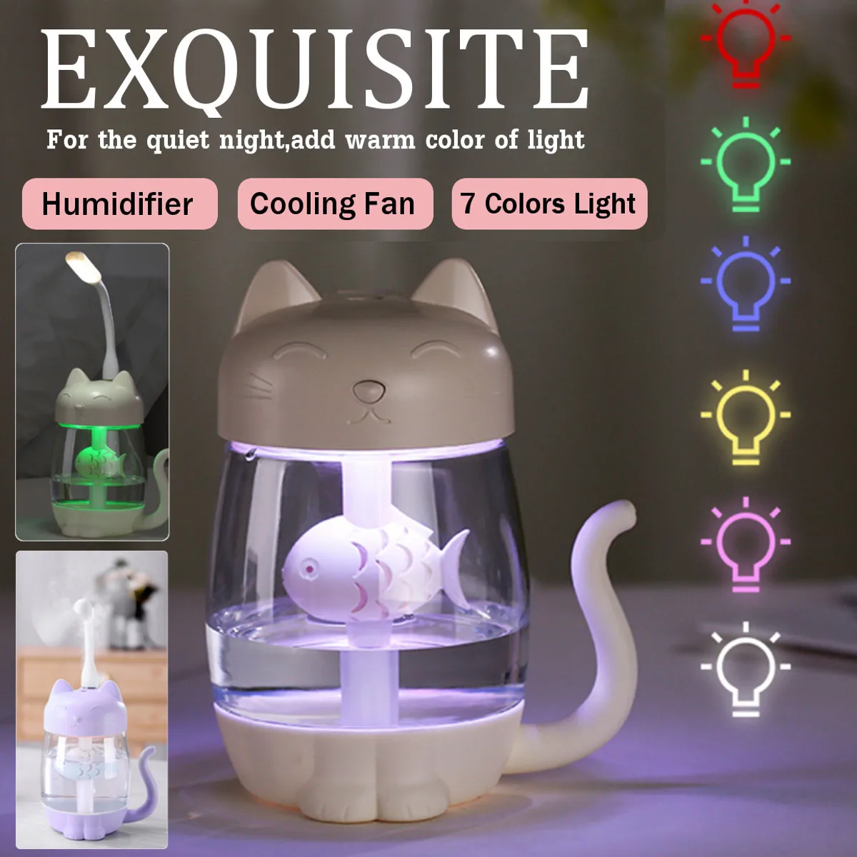 3 in 1 350ML USB Cat Air Humidifier Ultrasonic Cool-Mist Adorable Mini Humidifier With LED Light Mini USB Fan for Home office
3 in 1 350ML USB Cat Air Humidifier Ultrasonic Cool-Mist Adorable Mini Humidifier With LED Light Mini USB Fan for Home office