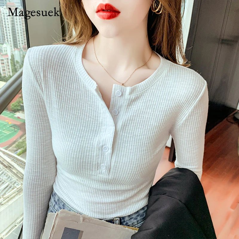 Elastic Women 2021 Autumn Cotton White T-shirts Solid O-neck Long Sleeve Tops Button Elegant Sexy Style Slim Blouse Blusas 15916
Elastic Women 2021 Autumn Cotton White T-shirts Solid O-neck Long Sleeve Tops Button Elegant Sexy Style Slim Blouse Blusas 15916