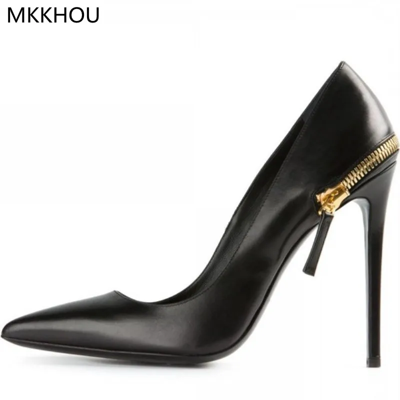 

MKKHOU Fashion Single Shoes Women's New Black Pumps Pointed Toe Shallow Zipper Stiletto 12cm High Heels Office Commuter Shoes