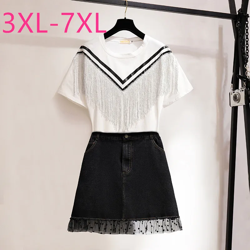 New Summer Plus Size Women Large Cotton Loose White T-shirt And Black Pocket Denim Skirts Two Piece Suit 3XL 4XL 5XL 6XL 7XL
New Summer Plus Size Women Large Cotton Loose White T-shirt And Black Pocket Denim Skirts Two Piece Suit 3XL 4XL 5XL 6XL 7XL