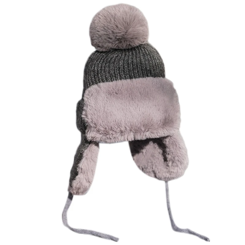 

Women Winter Knitted Pom Russian Trapper Hat Thick Fluffy Plush Thermal Warm Outdoor Snow Ski Windproof Solid Color Beanies Cap