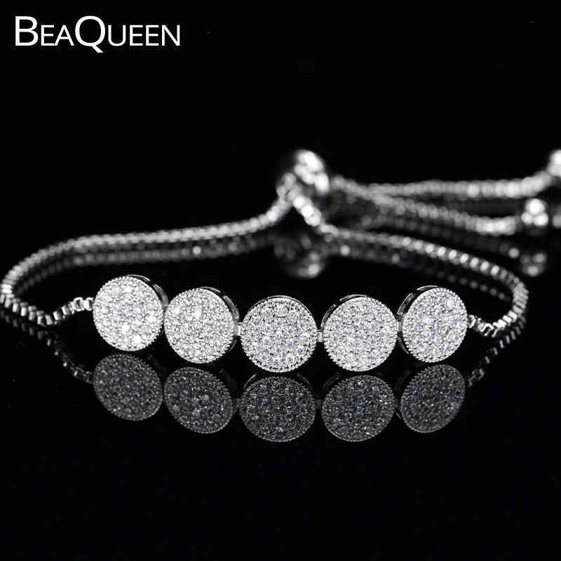 

BeaQueen, новый модный кубический цирконий, камень с микрозакрепкой, 5 круглых кристаллов CZ, регулируемый серебряный браслет, ювелирные изделия ...
