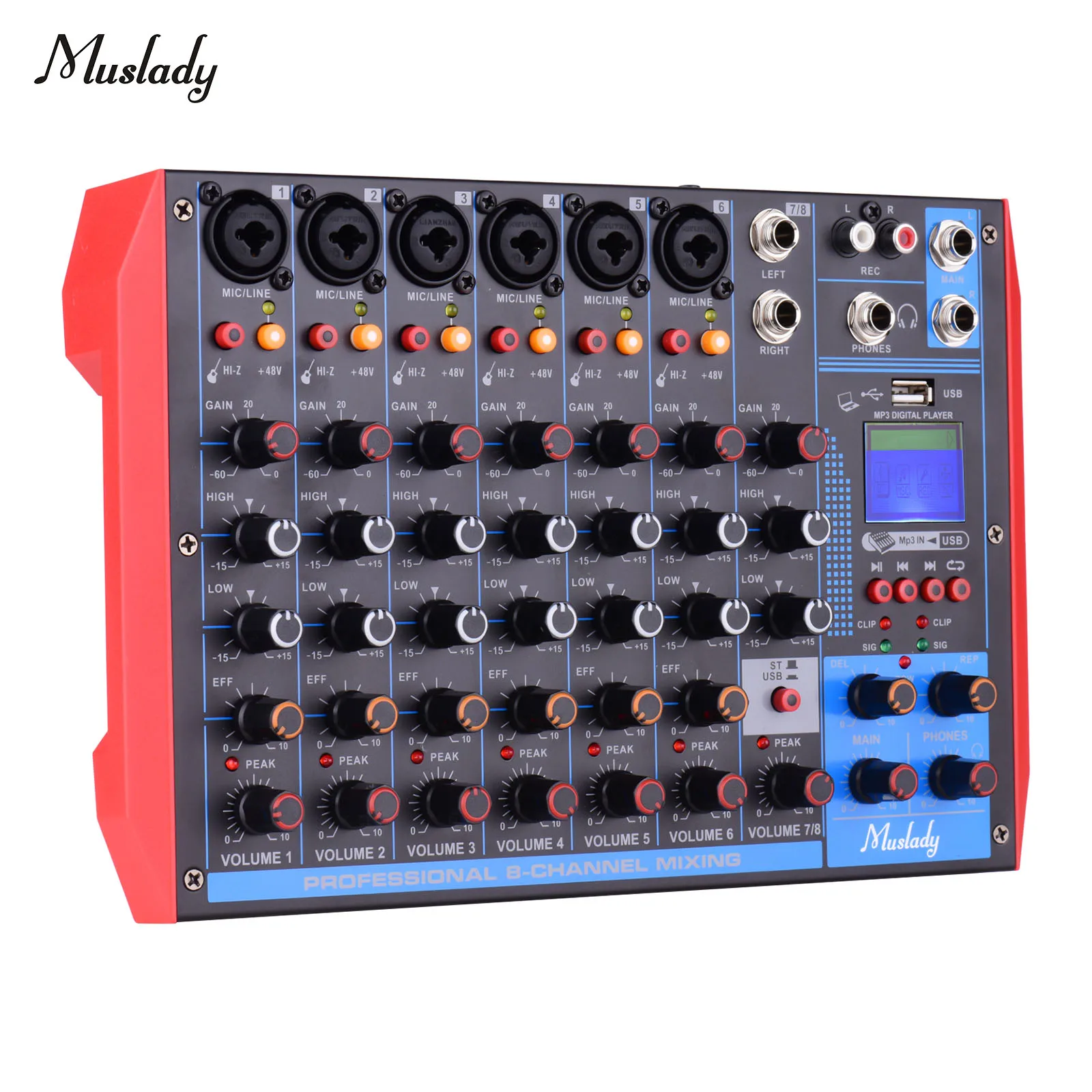 

Muslady 8-канальный микшерный пульт Цифровой аудио смеситель + 48V Phantom Мощность поддерживает BT/USB/MP3 соединение для музыки Запись DJ