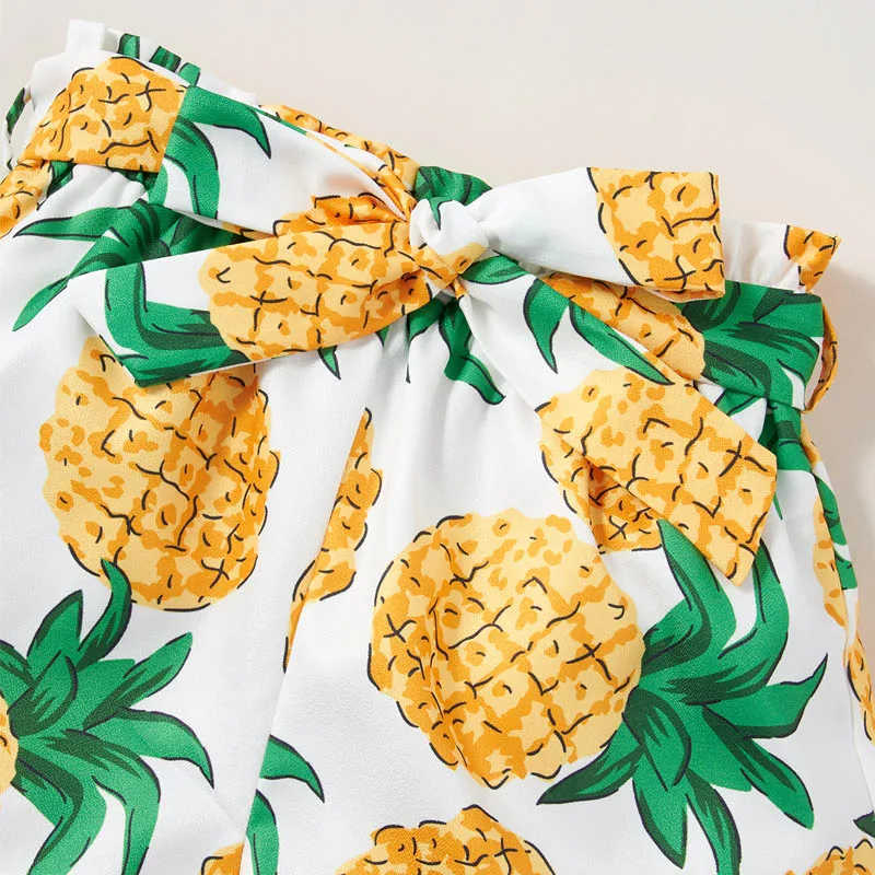 Teen Girls Clothes Summer Yellow Thirt Pineapple Shorts Pants 3 pcs Set Outfit Sunset for big girl 7 8 9 10 11 12 13 14 Years | Мать и