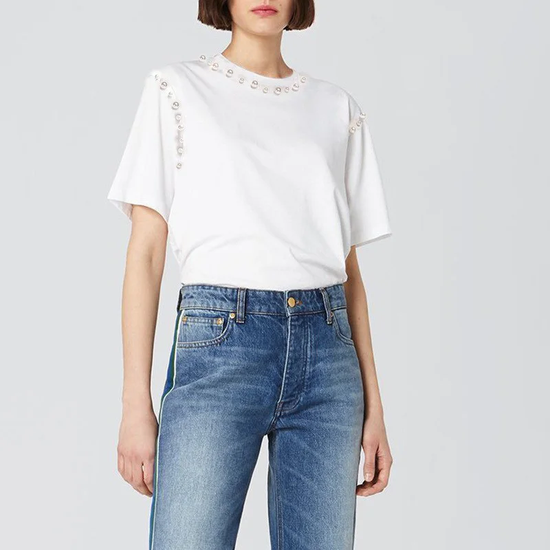 TWOTWINSTYLE Black Patchwork Pearl T Shirt For Women O Neck Short Sleeve Casual Loose T Shirts Female Fashion New Clothes Summer
TWOTWINSTYLE Black Patchwork Pearl T Shirt For Women O Neck Short Sleeve Casual Loose T Shirts Female Fashion New Clothes Summer