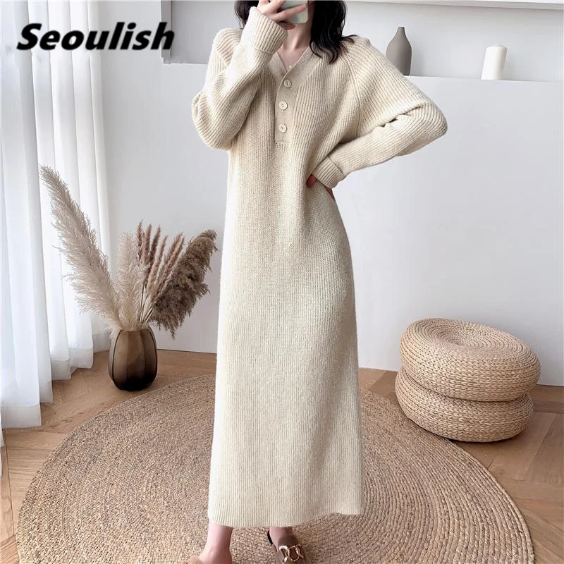 Seoulish Autumn Winter Loose Thicken Knitting Dresses 2021 New Long Sleeve V-Neck Elegant Oversize Long Sweater Dresses Female
Seoulish Autumn Winter Loose Thicken Knitting Dresses 2021 New Long Sleeve V-Neck Elegant Oversize Long Sweater Dresses Female