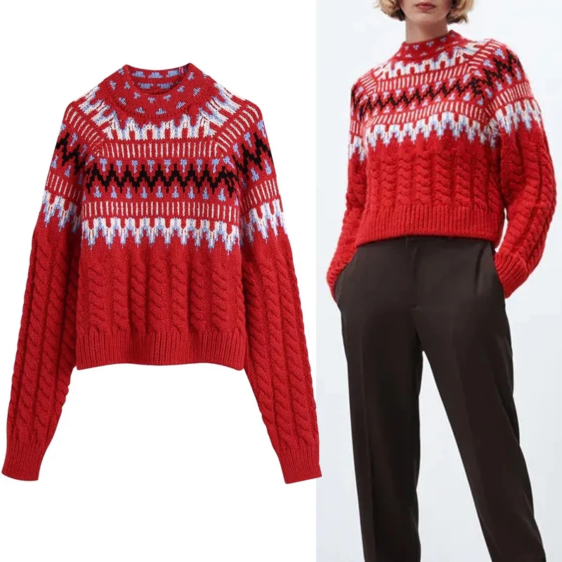 TRAF Za Women Red Knitted Sweater Jacquard Sweater Pullover Woman Autumn 2021 Vintage Long Sleeve Cable Cropped Sweater
TRAF Za Women Red Knitted Sweater Jacquard Sweater Pullover Woman Autumn 2021 Vintage Long Sleeve Cable Cropped Sweater