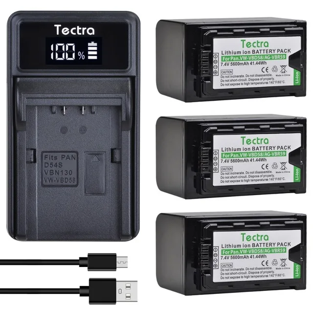 3x5600mAh VW-VBD58 AG-VBR59 Аккумулятор для Panasonic AJ-HPX260MC HPX265MC PX270 PX298 AG-FC100 VBD78 + светодиодное