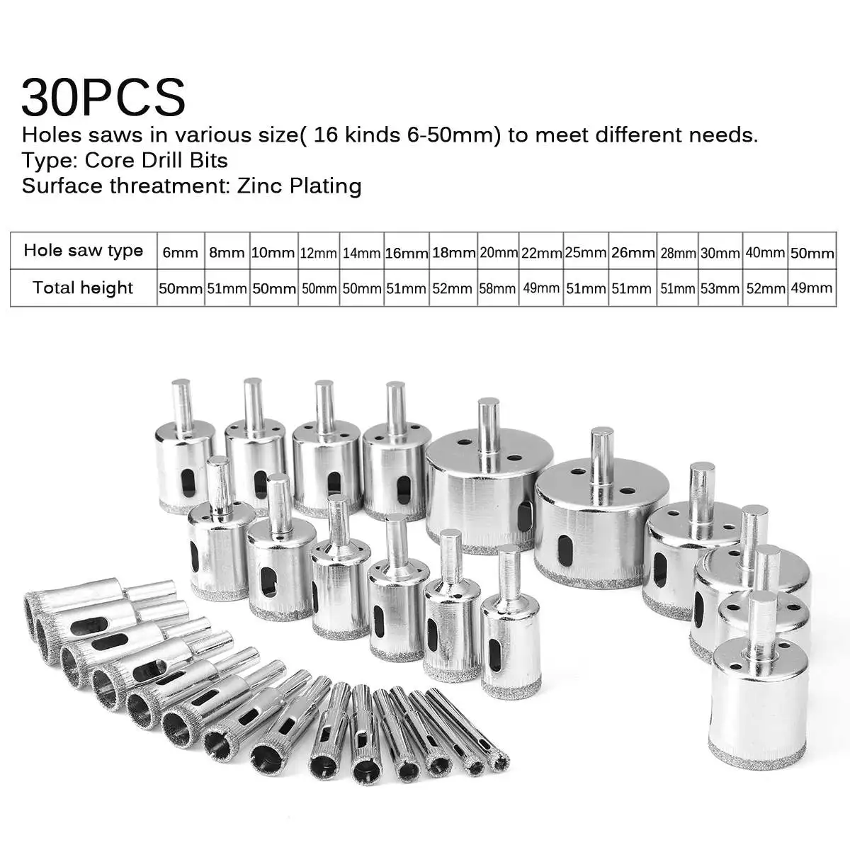 8-30pcs Drilling Holesaw Cutting Kit Diamond Coated Hole Saw Durable Cutter Drill Bit Set for Tile Ceramic Marble Glass 3-50mm
8-30pcs Drilling Holesaw Cutting Kit Diamond Coated Hole Saw Durable Cutter Drill Bit Set for Tile Ceramic Marble Glass 3-50mm