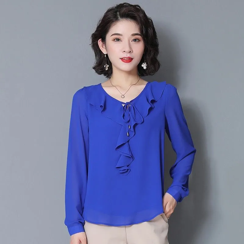 New Autunm women long sleeve Lotus leaf collar chiffon shirt,office lady Elegant ruffled chiffon blouse tops
New Autunm women long sleeve Lotus leaf collar chiffon shirt,office lady Elegant ruffled chiffon blouse tops