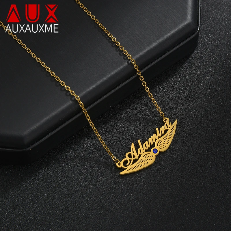 

Auxauxme Custom Wing Birthstone Name Necklace for Women Stainless Steel Personalized Name Choker Birthday Christmas Jewlry Gifts