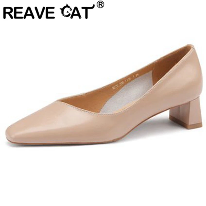 

REAVE CAT 2022 Lady Shoes Pumps Square Toe Block Heels Slip-on Shallow Size 34-39 Solid Black Beige Apricot Spring Concise S2807