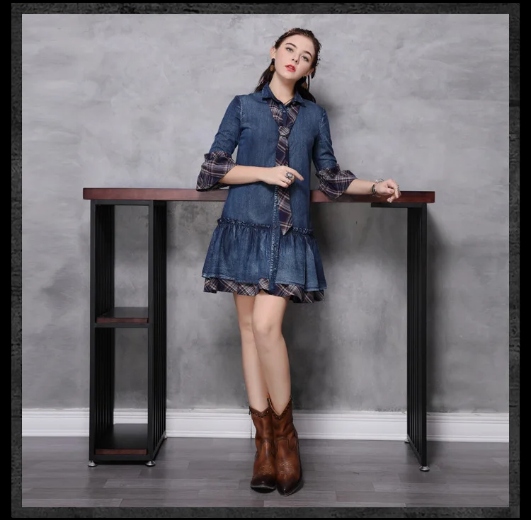 Dress Women 2020 summer Retro New Denim Women Dresses Turn-down Collar Flare Sleeve Cotton Patchwork Tie Vestidos Female
Dress Women 2020 summer Retro New Denim Women Dresses Turn-down Collar Flare Sleeve Cotton Patchwork Tie Vestidos Female