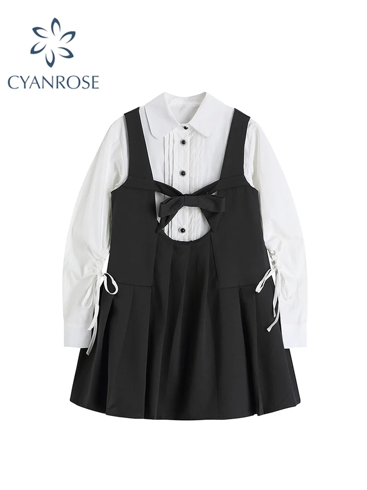 Autumn Vintage Women Bow Vest Ruched Dress Single Breasted Long Sleeve Shirt Female Elegant Fashion Party Club Shirt Dress Suit 
Autumn Vintage Women Bow Vest Ruched Dress Single Breasted Long Sleeve Shirt Female Elegant Fashion Party Club Shirt Dress Suit