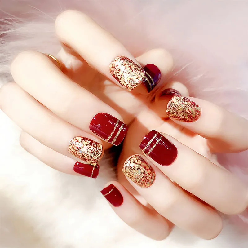 24pcs Short Wine Red Nail Art Short False Nails with Golden Glitter Champagne Wedding Nail Tip Full Nail KG66
24pcs Short Wine Red Nail Art Short False Nails with Golden Glitter Champagne Wedding Nail Tip Full Nail KG66